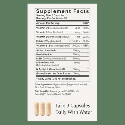 Stonehenge Health Dynamic Nerve Supplement - Supports Nerve Function in Fingers, Toes, Hands, and Feet with Alpha Lipoic Acid ALA, Benfotiamine, Pea, Robust B Complex, Boswellia