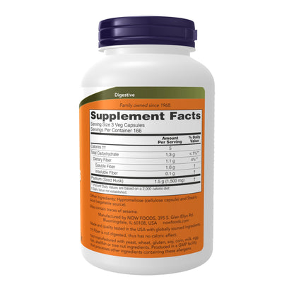 NOW Foods Supplements, Psyllium Husk Caps 500 mg, Non-GMO Project Verified, Natural Soluble Fiber, Intestinal Health*, 500 Veg Capsules
