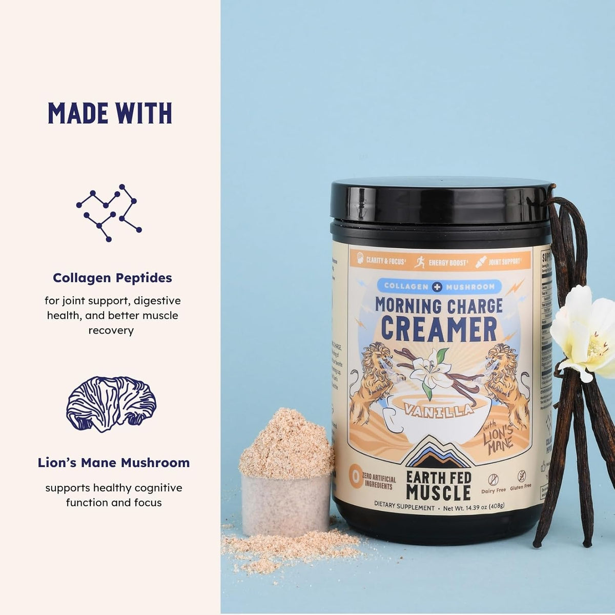 Earth Fed Muscle Vanilla Protein Coffee Creamer Powder, 24 Servings | Collagen Peptides, Lion's Mane, Coconut Milk, Non-Dairy, Morning Charge - Focus + Joint Support
