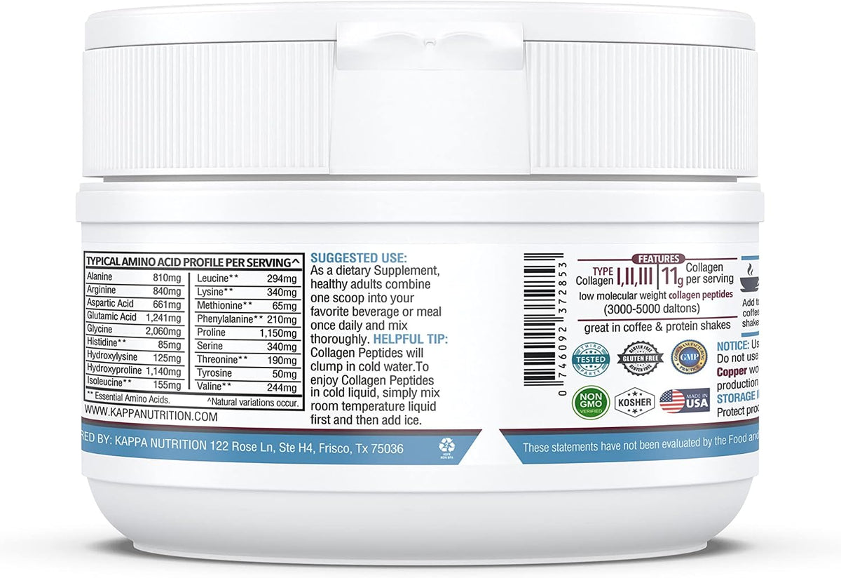 KAPPA NUTRITION Collagen Type I, II, III, 6 Billion Probiotic Acid Resistance, Hyaluronic Acid, Vitamin C, Biotin, Copper and MCT Oil, Beautiful Hair, Nails, & Skin, Collagen Peptides 9 in 1 (11.9oz)