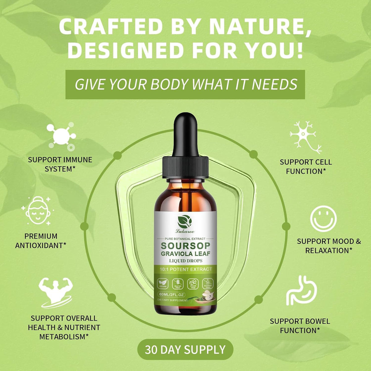 Lukaree Pure Soursop Graviola Leaves Extract - Immune Energy & Gut Support | Soursop Bitters Liquid Drop for Cell Support & Regeneration – Cold Extract with High Potency– Vegan | Gluten-Free | 2 Fl Oz