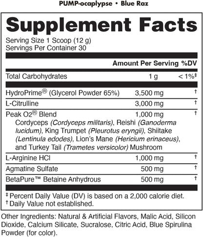 Pump-ocalypse Blue Raz | Nitric Oxide and L Arginine Supplement with Citrulline Malate, GlycerPump | Ultimate N.O. Booster | Lean Muscle Support for Blood Flow, Vascularity, Hydration and Endurance
