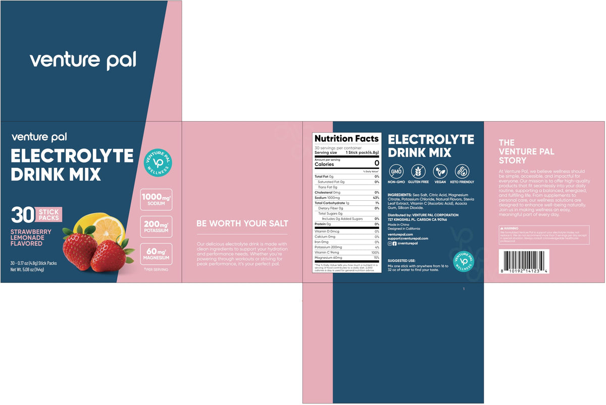Venture Pal High Sodium Sugar Free Electrolytes Powder Packets, 16 Count | Hydration Packets with Sodium, Magnesium & Potassium, Vitamins, Zero Calories, Vegan, Keto & Paleo Friendly