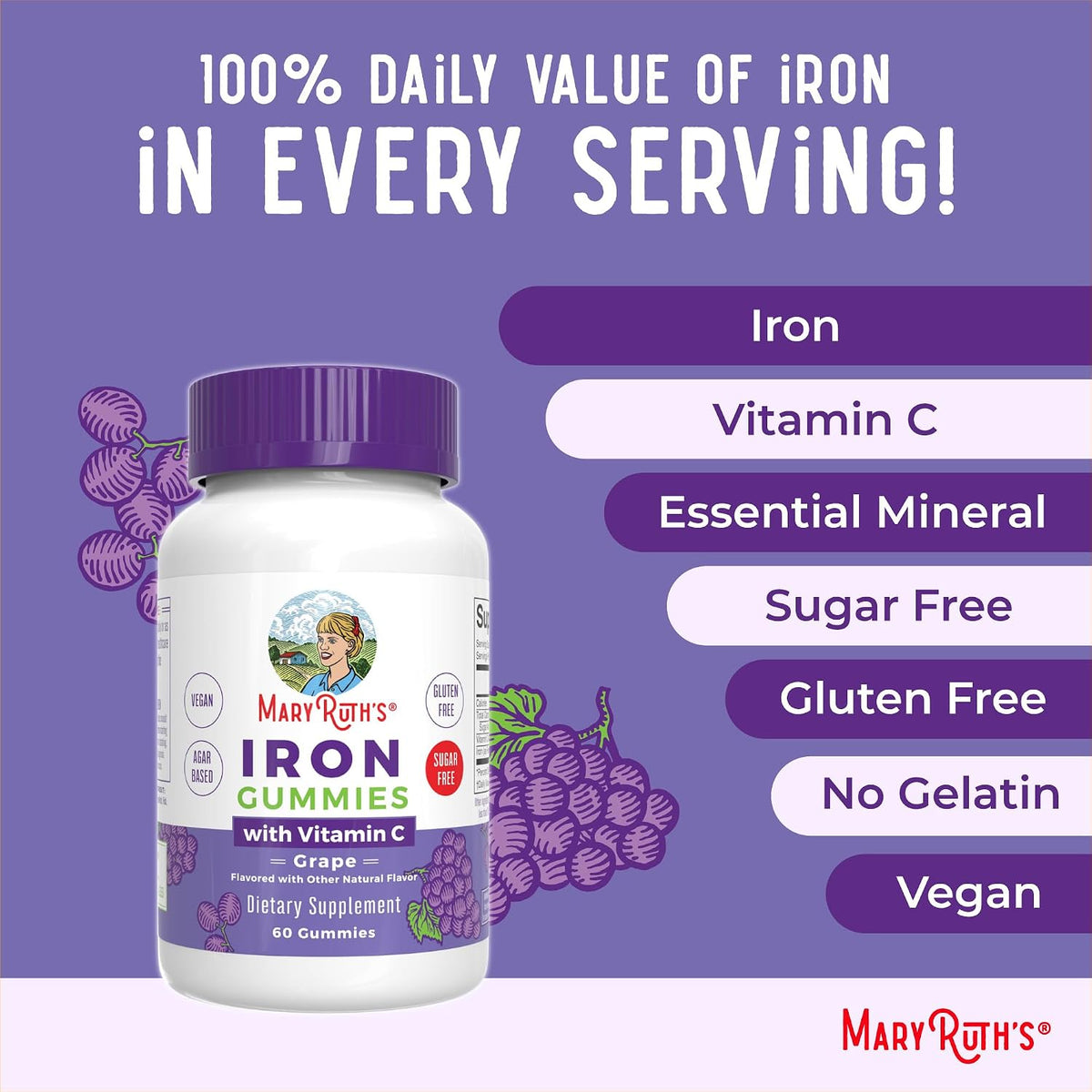 MaryRuth's Iron Gummies for 14+ with Vitamin C for Absorption | Sugar Free | Gummy Iron Supplement + VIT C | Energy Metabolism | Cellular Health | Immune Support | Vegan | Non-GMO | 60 Count