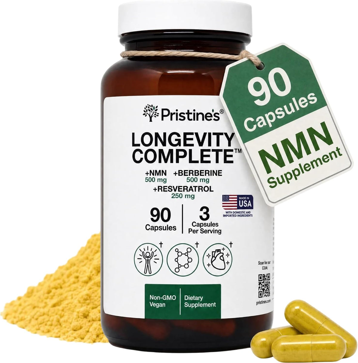 PRISTINE'S Longevity Complete NMN Resveratrol Anti-Aging Cellular Support | NMN, resveratrol and berberine in one longevity stack for anti-aging cellular support. Vegan, non-GMO, 90 count glass bottle