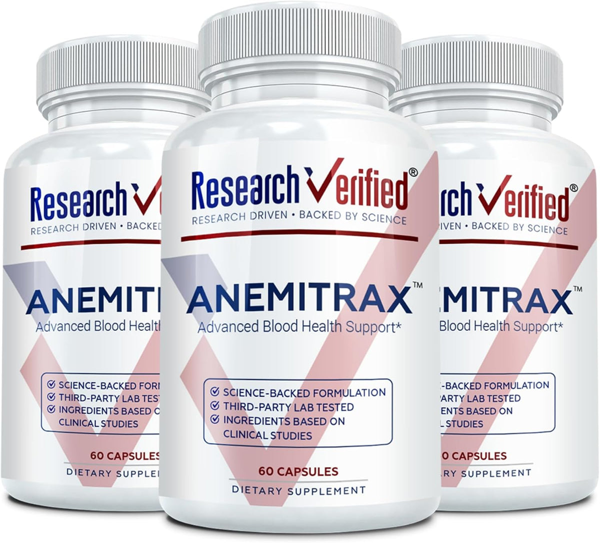 Research Verified Anemitrax - 6-in-1 Complete Blood Builder - Gentle on Stomach Iron Bisglycinate with Vitamin C, B12, Folate & BioPerine for Max Absorption - 180 Vegan Capsules