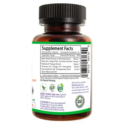 Bodymune Blood Sugar Blend – Organic Blood Sugar Support Supplement – with Bitter Melon Capsules, Moringa, & Black Seed Oil – 66 Capsules – USDA Organic, Vegan, Non-GMO