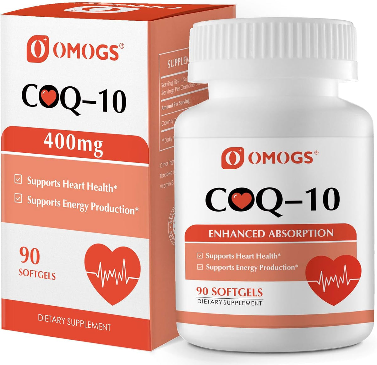 OMOGS CoQ10 400mg Softgels, Coenzyme Q10 High Absorption Supplements Support Heart Health, Cardiovascular Health, Immune System & Cellular Energy Production, Gluten Free, 90 Softgels