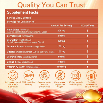 Liposomal Nattokinase 10800 FU Supplement Softgels, Ultimate 8-in-1 Nattokinase Serrapeptase Enzyme Blend w. Bromelain Curcumin CoQ10 K2 MK7 for Circulatory Heart & Digestive Spike -Men & Women
