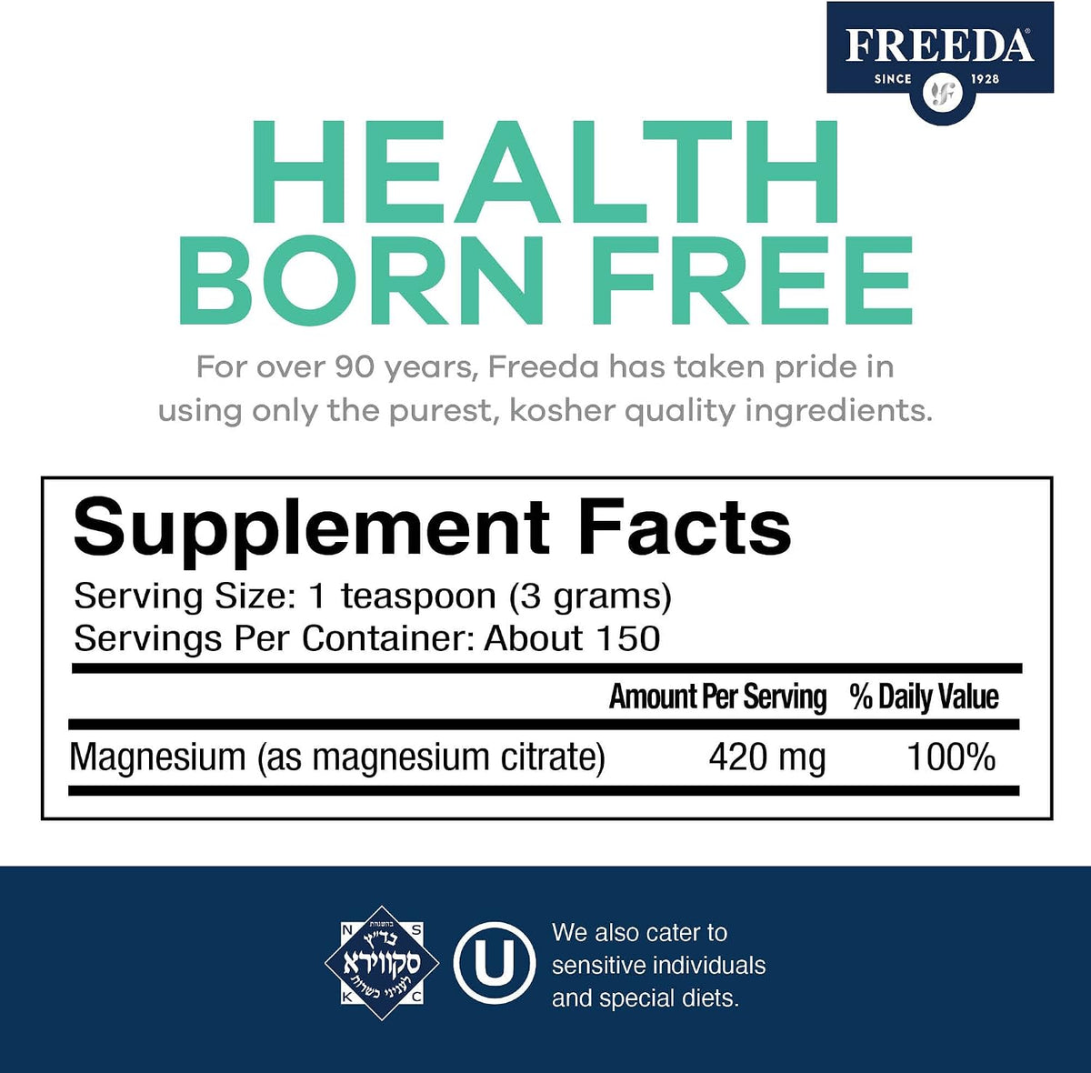 FREEDA Magnesium Citrate Powder for Bone, Joint, & Muscle Support 16 Oz | Supports Nerve Health, Relaxation, & Sleep – Kosher, Vegan, Gluten-Free, Corn-Free, Unflavored, 150 Servings, Made in USA