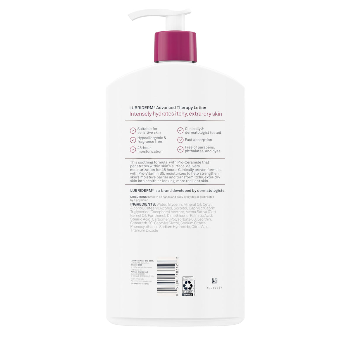 Lubriderm Advanced Therapy Fragrance-Free Moisturizing Hand & Body Lotion + Pro-Ceramide, Intense Hydration for Itchy