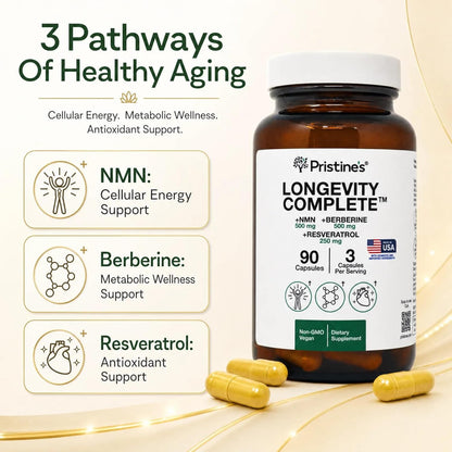 PRISTINE'S Longevity Complete NMN Resveratrol Anti-Aging Cellular Support | NMN, resveratrol and berberine in one longevity stack for anti-aging cellular support. Vegan, non-GMO, 90 count glass bottle