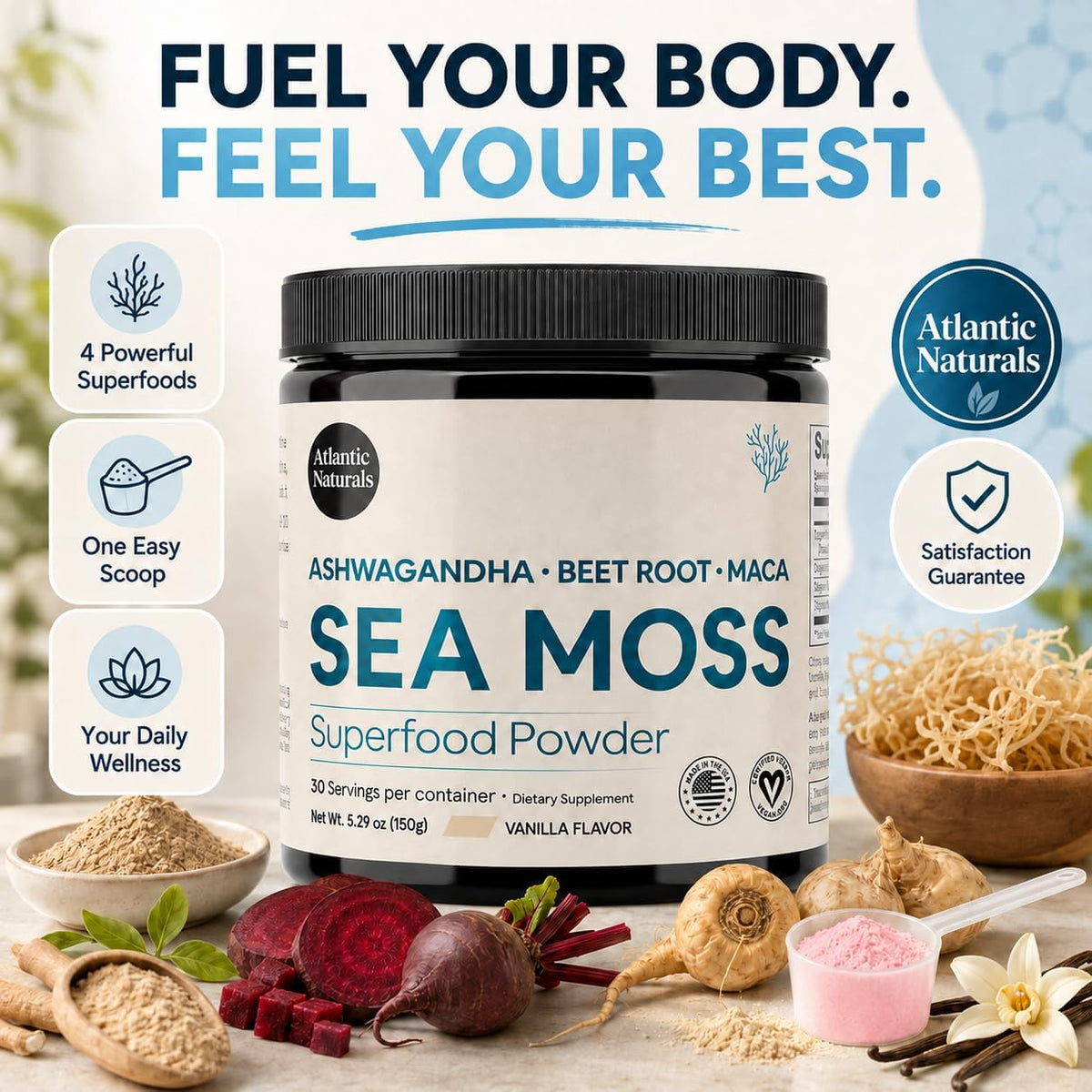 Atlantic Naturals Organic Sea Moss Powder with Beet Root Powder, Ashwagandha & Maca Root – Superfood Reds & Adaptogen Blend for Energy, Mood & Skin – Vanilla Flavor Drink Mix (150g)