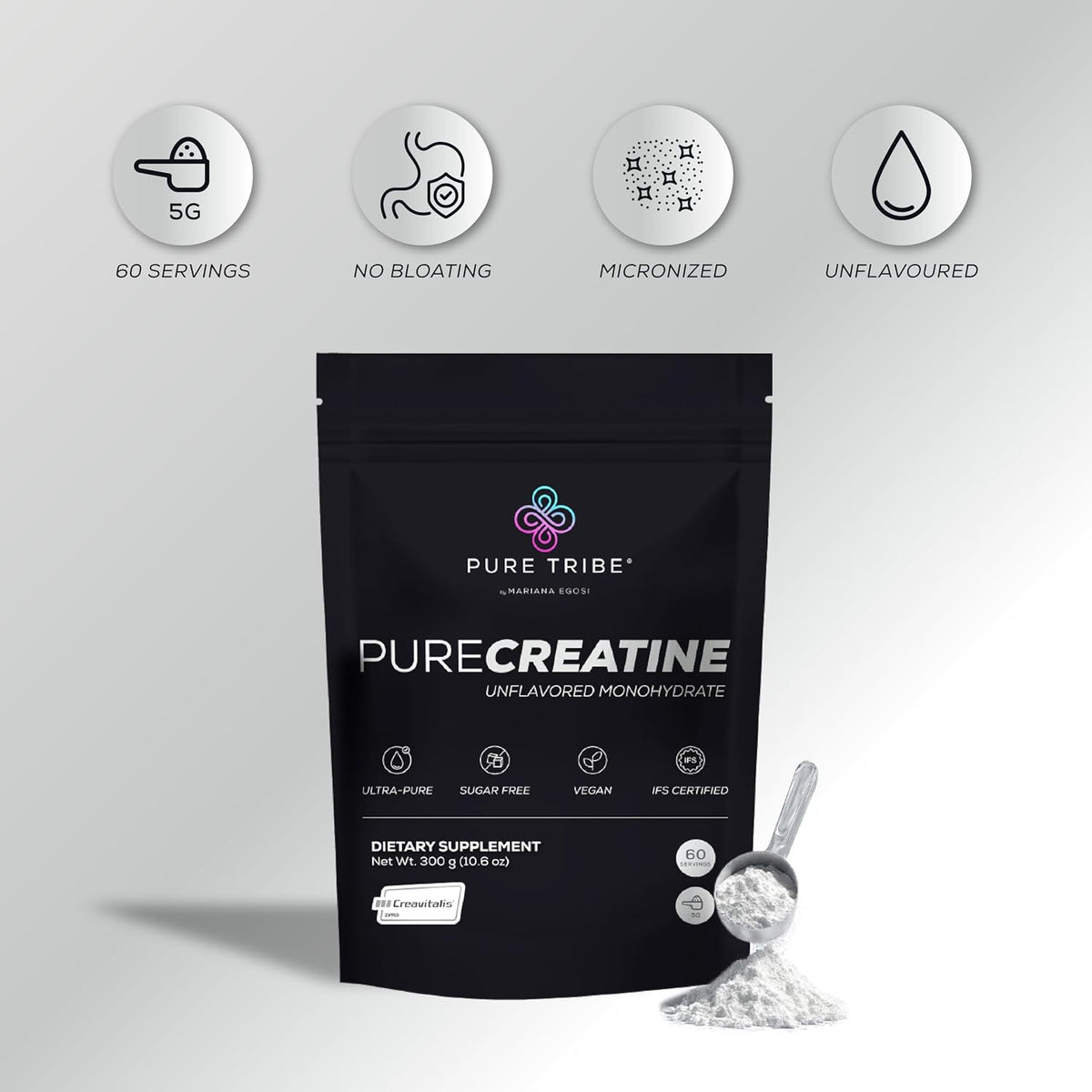 PureCreatine – Micronized Creatine Monohydrate Powered by Creavitalis – Unflavored Creatine Monohydrate Powder for Energy & Recovery – No Bloating, Easy Digestion – 5g per Scoop, 300g