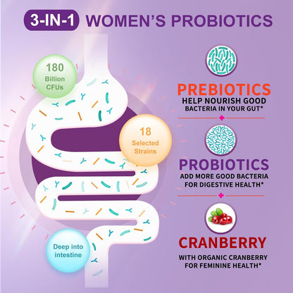OMOGS Women's Probiotic 180 Billion CFUs 18 Strains, with Organic Prebiotics, Cranberry Extract, D-Mannose & Digestive Enzymes, for Digestive, Boost Immune, PH Balance & Urethral Health, 90 Capsules