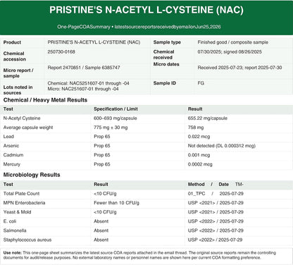 PRISTINE'S NAC 600mg N-Acetyl Cysteine Capsules, Glutathione Support | Glutathione support in a simple NAC capsule routine. Antioxidant support, 60 day supply, vegan, non-GMO, gluten-free