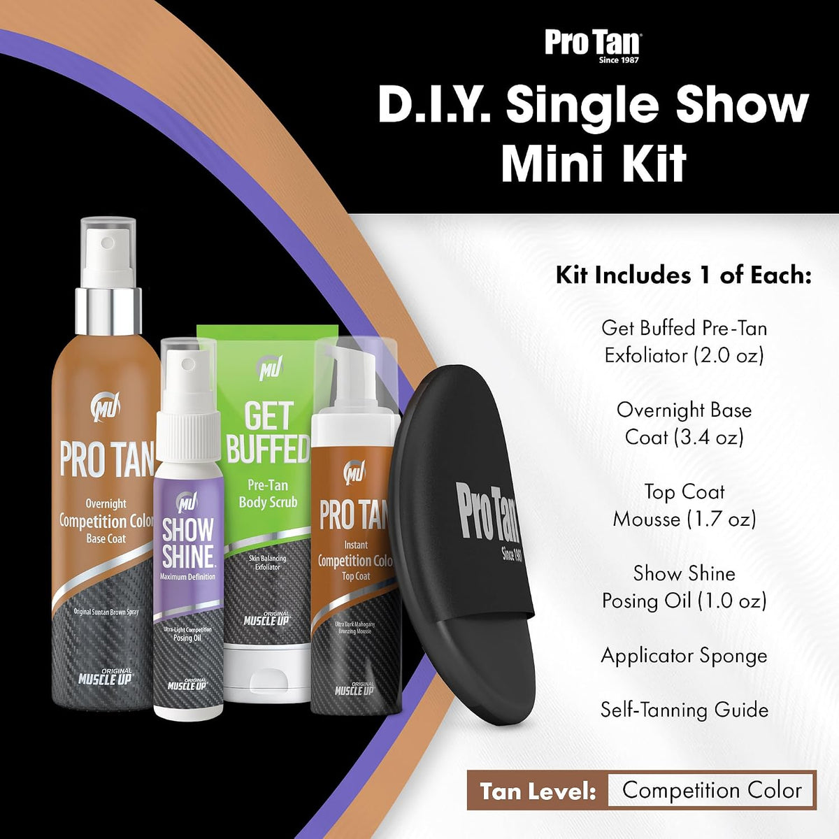 Pro Tan Competition Tanning Kit - Self Tanner Set | Pre-Tan Skin Exfoliator, Overnight Competition Color Base Coat, Instant Top Coat Mousse, Ultra-Light Posing Oil, & Mitt