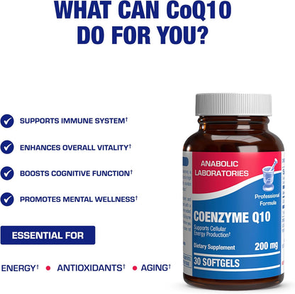 High Absorption CoQ10 200mg Softgels - Clinical Formula Coenzyme Q10 200mg for Skin Heart Energy Antioxidant and Brain Support - Easy to Swallow - Made in The USA in cGMP Facilities - 30 Servings