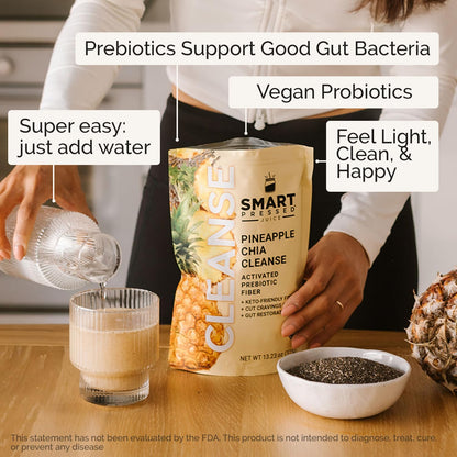 SMART Pressed Juice Pineapple Chia Cleanse | Prebiotic Superfood Plant Based Fiber with Vegan Probiotics & Enzymes | Pineapple Juice Cleanse for Women & Men | 30 Servings