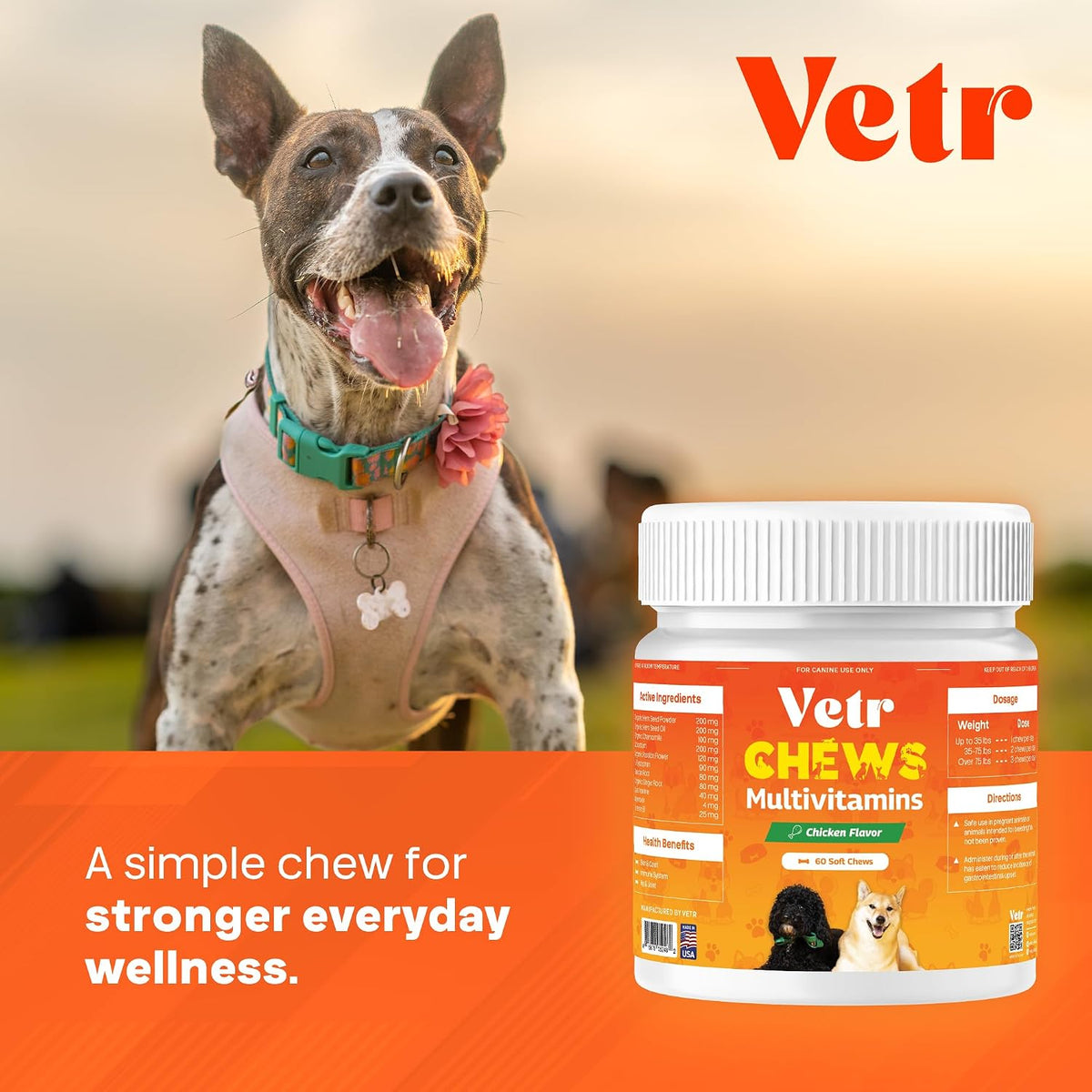 Vetr Dog Multivitamin Treats, 60 Chews Chicken Flavor, Daily Pet Dog Vitamins and Supplements with Glucosamine, Chondroitin, & Probiotics, Hip & Joint, Immune Support, & Digestive Care