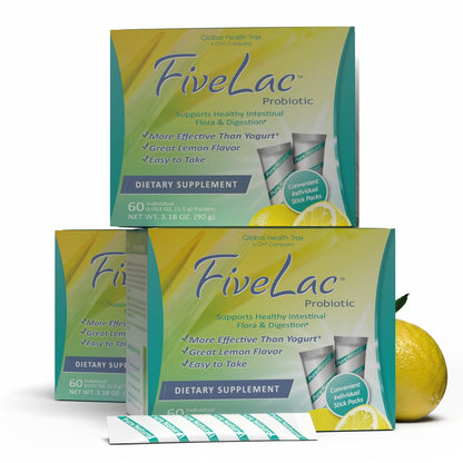 Global Health Trax GHT - ThreeLac Lemon Probiotic Drink Mix for Digestive Health - Advanced Probiotic Powder Formula for Men, Women & Kids - Immune Support & Gut Balance, Non-GMO - 60 Packets