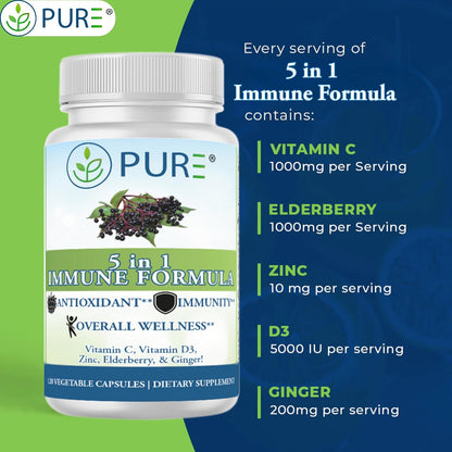 PURE® 5 in 1 Immune Formula - 120 Capsules - Black Elderberry 100 mg, Vitamin C 1000 mg, Vitamin D3 125 mcg (5000 IU), Zinc & Ginger Root - All-in-One Seasonal Defense Shield - Antioxidant Support USA