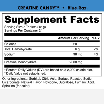 Bucked Up Creatine Candy Blue Raz | Micronized Creatine Monohydrate | 120 Chewable Tablets, 24 Servings | Fizzy Creatine No Water Needed | Non GMO Gluten Free Third Party Tested