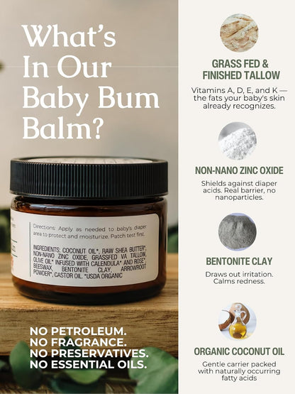 Hearth & Homestead Baby Bum Balm, Grass Fed Tallow Diaper Rash Cream with Zinc Oxide & Bentonite Clay, Fragrance Free Diaper Cream for Sensitive Baby Skin, Newborn Safe, 2oz