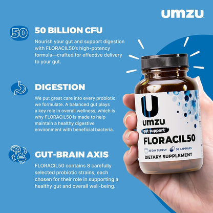 UMZU Floracil50 Probiotic Supplement, 50 Billion CFU, 30 Day Supply | Lactobacillus Acidophilus, Rhamnosus and Plantarum, Gut Health and Digestion Support, Immune Support, Microbiome Balance