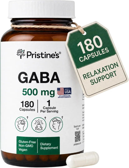 PRISTINE'S GABA 500mg Capsules Sleep Support, Relaxation, 180 Count, Vegan | Evening calm and relaxation support for a simple sleep routine. 180 servings, vegan, non-GMO, gluten-free glass bottle