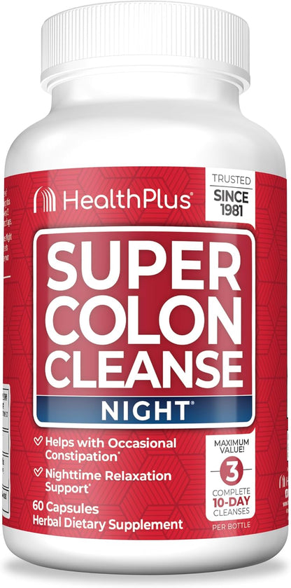 Health Plus Super Colon Cleanse Night Formula Sleep Capsules, 60 Count | Capsules with senna and valerian root, 30 servings; may support occasional constipation relief and restful sleep