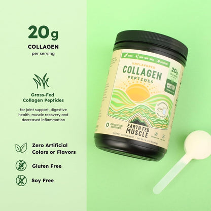 Earth Fed Muscle Collagen Peptides, Unflavored, 23 Servings | Third-Party Certified, 20g Protein, Grass Fed, Non-GMO, Hormone Free, Gluten Free, Multi-Type