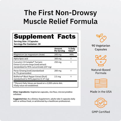 SaltWrap Mag 3D Daytime Non-Drowsy Leg Cramp & Muscle Relief, 90 Caps | Made in USA GMP Facility, Alpha Lipoic Acid with Turmeric Curcumin C3 and BioPerine for Nerve Health and Circulation