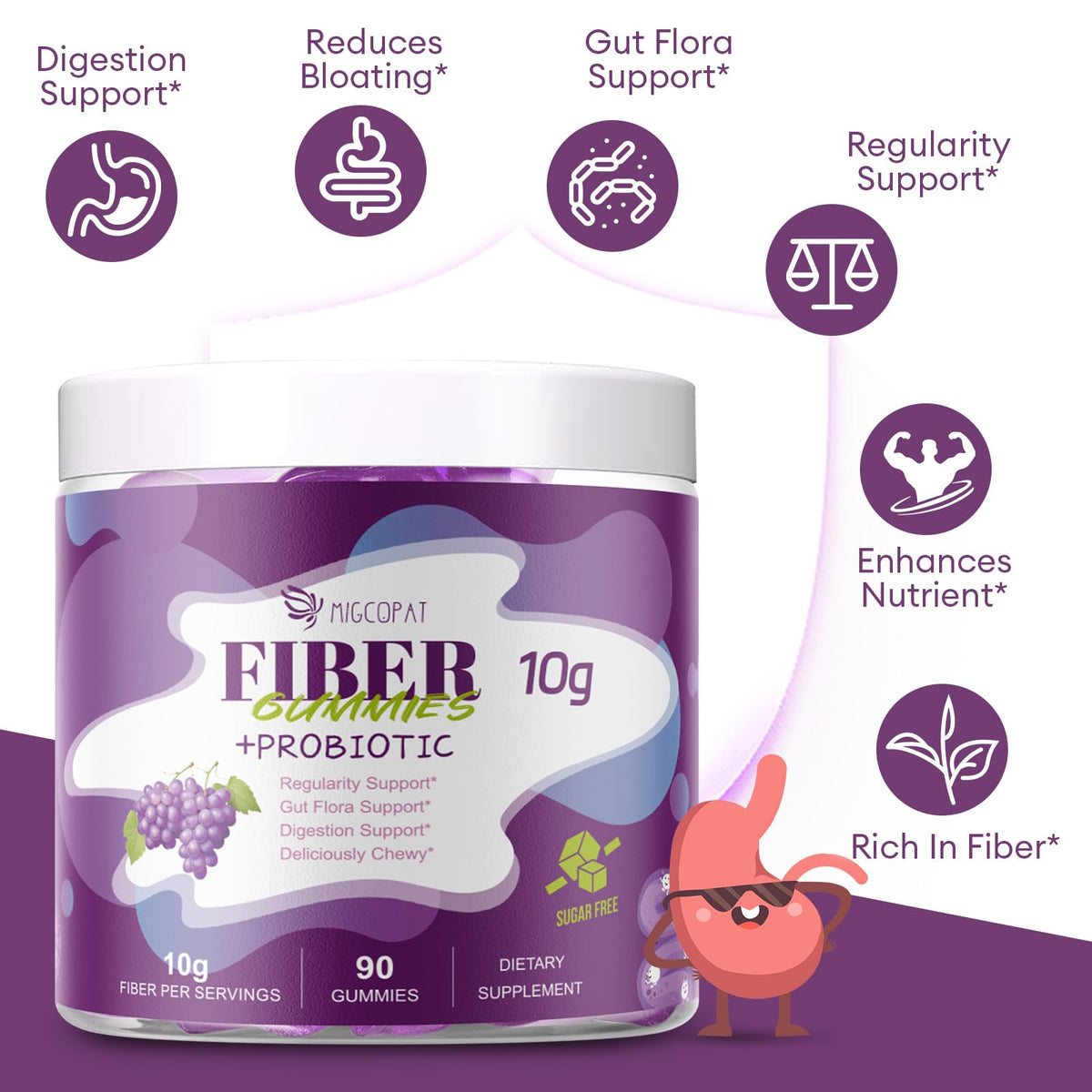 Migcopat 10G Fiber Gummies for Adults, No Sugar Added Grape Flavor, Fiber Supplement with 30 Billion CFU Probiotics Blend, ACV, Vitamin C, Inulin, Support Digestive Health, 90 Count
