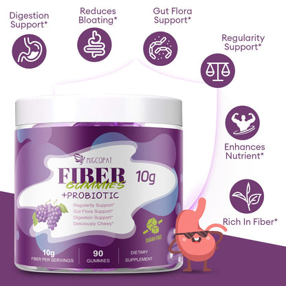 Migcopat 10G Fiber Gummies for Adults, No Sugar Added Grape Flavor, Fiber Supplement with 30 Billion CFU Probiotics Blend, ACV, Vitamin C, Inulin, Support Digestive Health, 90 Count