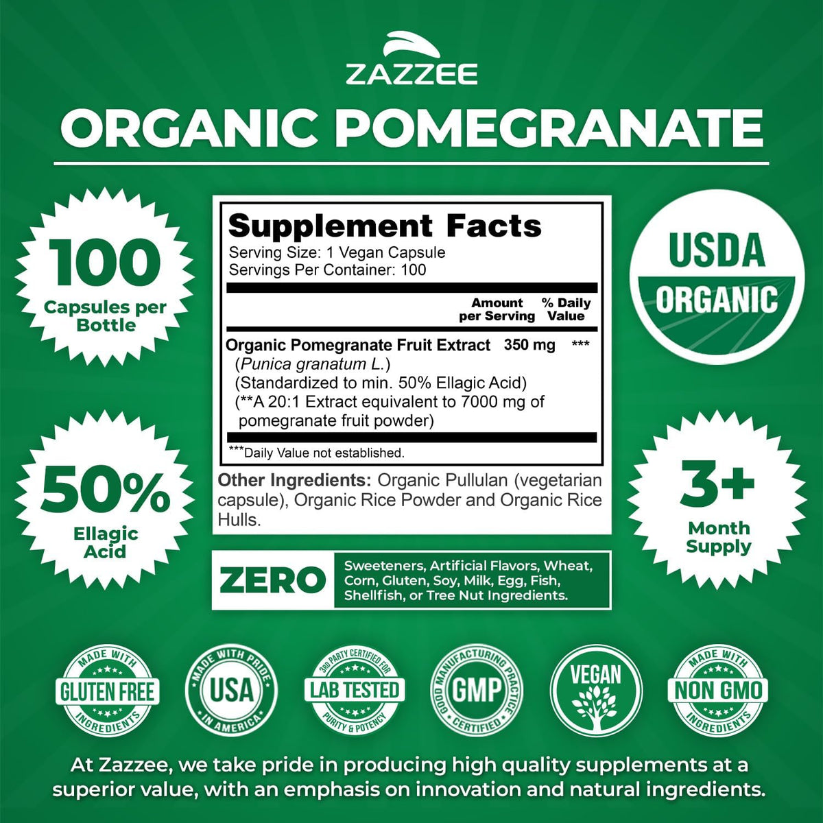Zazzee USDA Organic Pomegranate 20:1 Extract, 50% Ellagic Acid 100 Capsules | Vegan, 3+ Month Supply, Punica Granatum, Antioxidant, Immune & Polyphenol Support, All-Natural, Non-GMO, Made in the USA
