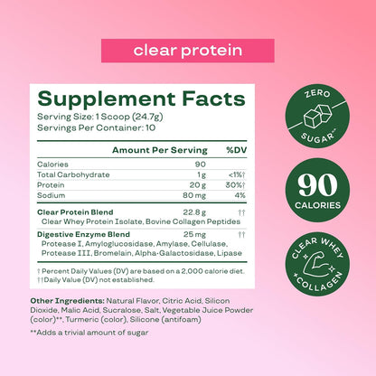 Bloom Nutrition Clear Whey Protein, Strawberry Watermelon, 10 Servings | Whey Protein Isolate with Collagen Peptides & Digestive Enzymes, 20g Protein, Sugar Free Post Workout Drink Mix, 90 Calories