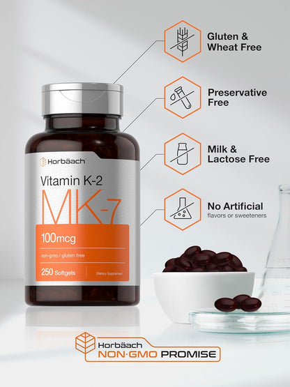 Horbäach Vitamin K2 MK7 100mcg | 250 Softgels | Non-GMO, Gluten Free Supplement