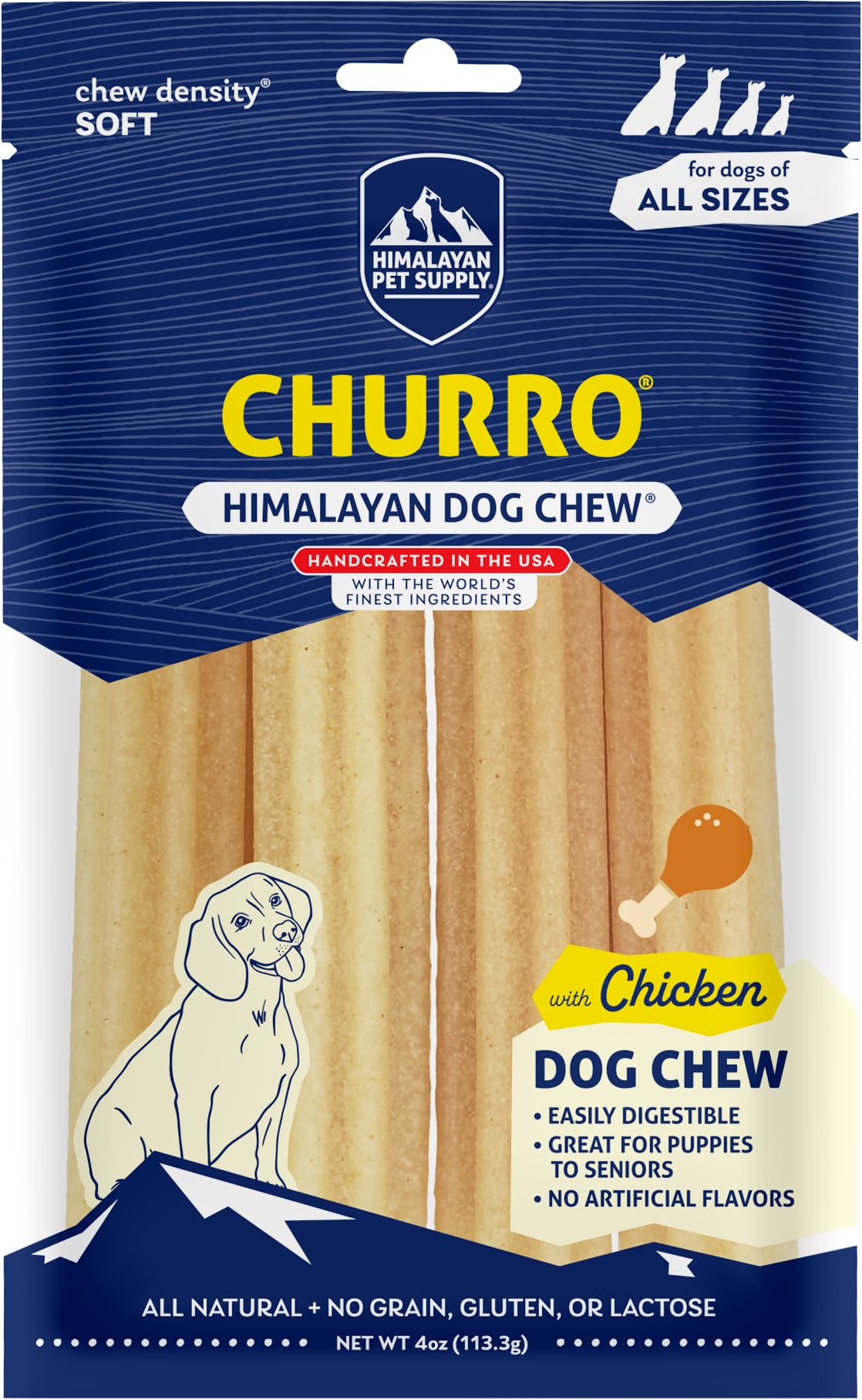 Himalayan Dog Chew Churro, Soft Yak Cheese Treat, Peanut Butter, 4 Sticks | 100% Natural, Soft Density Dental Support, Gluten Free, Healthy Safe Dog Treats for All Breeds and Ages, Lactose & Grain Free