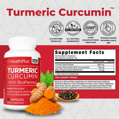 Health Plus Turmeric Curcumin with BioPerine, 90 Capsules, 30 Servings | 150mg Turmeric Extract 95% Curcuminoids with BioPerine, no preservatives; supports joint health and antioxidant protection