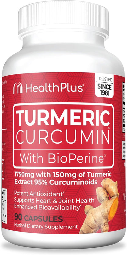 Health Plus Turmeric Curcumin with BioPerine, 90 Capsules, 30 Servings | 150mg Turmeric Extract 95% Curcuminoids with BioPerine, no preservatives; supports joint health and antioxidant protection