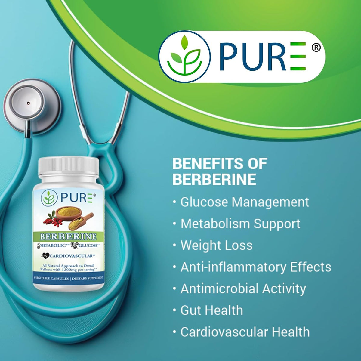 PURE® Berberine Supplement, 1200mg, Metabolic, Glucose, Cardio, 60 Capsules, 30 Servings, 1-Month Supply, Plant-Based Dietary Supplement