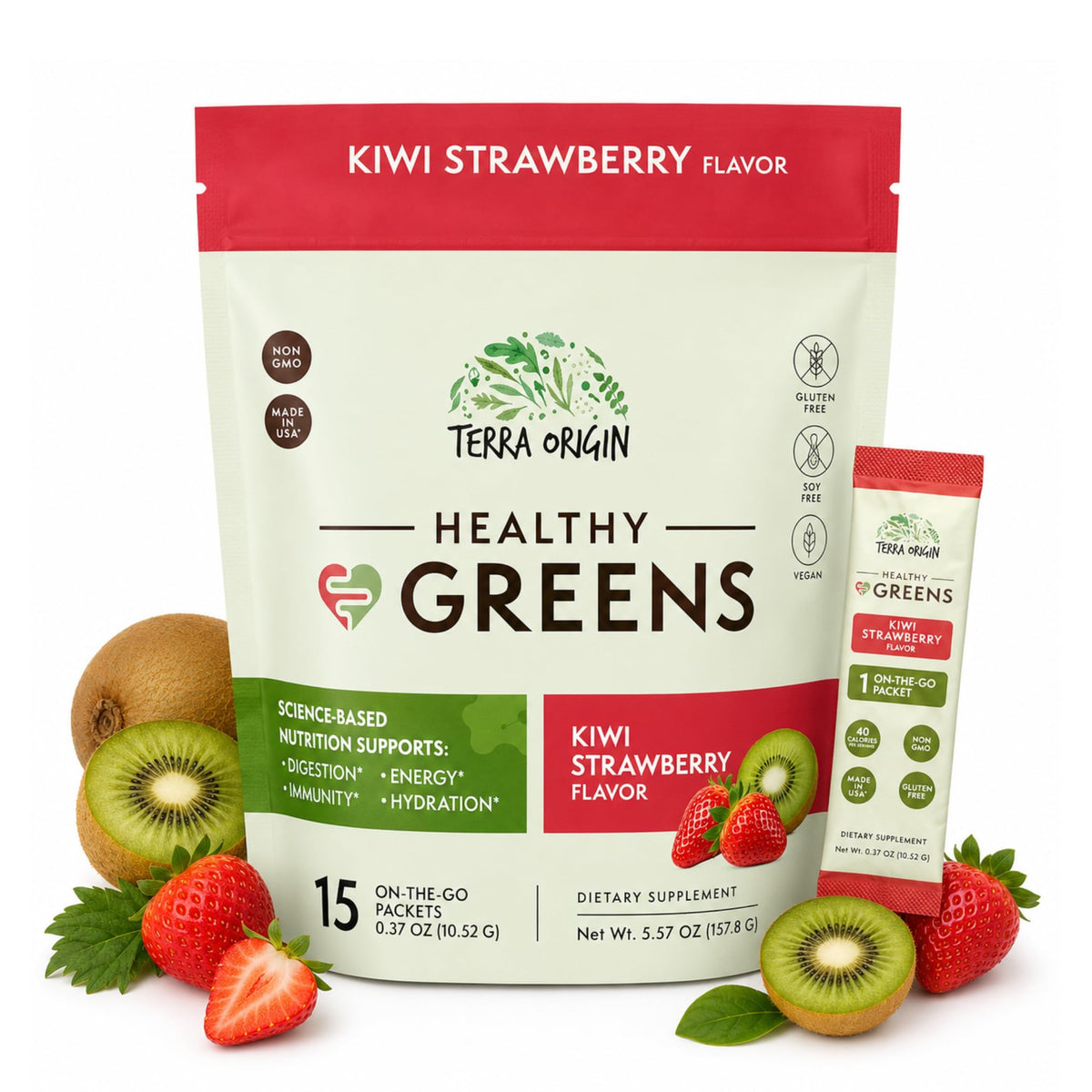TERRA ORIGIN Greens Superfood Powder | Green Juice Powder with Probiotics & Enzymes | Plant Based Super Greens for Energy, Gut & Immune Support | Vegan, Non-GMO | 30 Servings Tropical Passionfruit