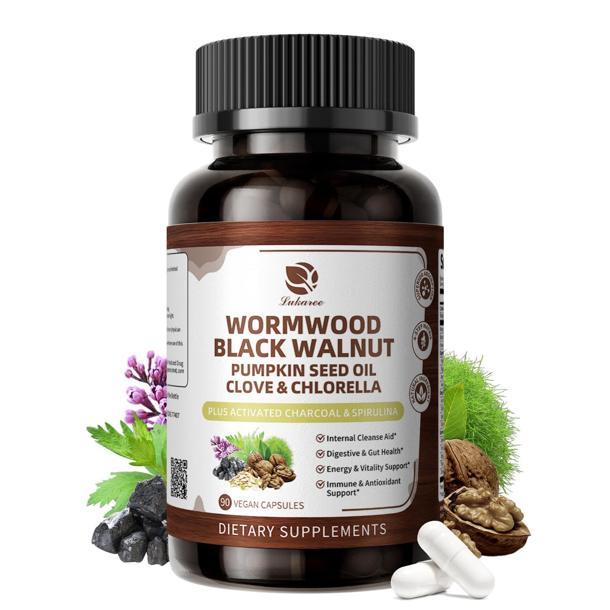 Wormwood Black Walnut Cleanse for Human 1200mg - Gut Health Supplement | Plus Pumpkin Seed Oil,Clove,Activated Charcoal for Daily Digestive Balance - Men & Women Probiotic Capsules -Vegan, 60 Count