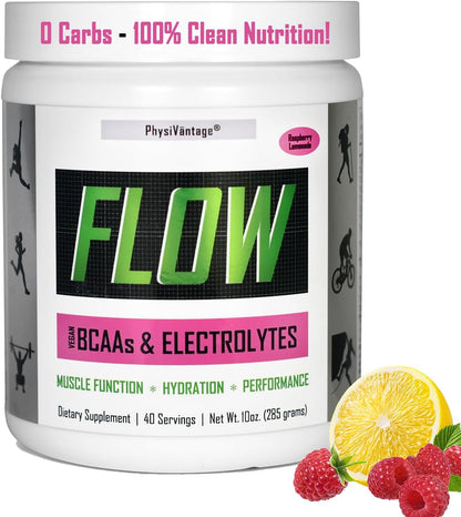 PhysiVantage - Flow Electrolyte Powder with BCAAs - Sugar-Free Hydration & Muscle Recovery Drink Mix – Vegan, Keto-Friendly Electrolytes - Zero Sugar, 40 Servings, Raspberry Lemonade Flavor