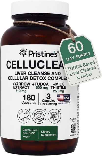 PRISTINE'S CelluClean Liver Support with TUDCA, Milk Thistle, 60 Count | TUDCA, milk thistle and yarrow in a daily liver support routine. Vegan, non-GMO, gluten-free and third-party tested formula