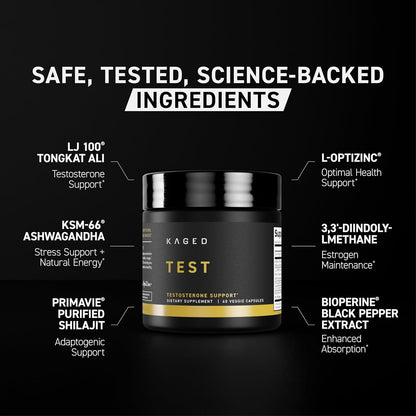 Kaged Test Capsules | Unflavored | Testosterone Booster Ferodrox | Premium Hormone Managment | LJ100 Tongkat Ali KSM-66 Ashwagandha Shilajit | Supplements for Men & Women | 60 Servings