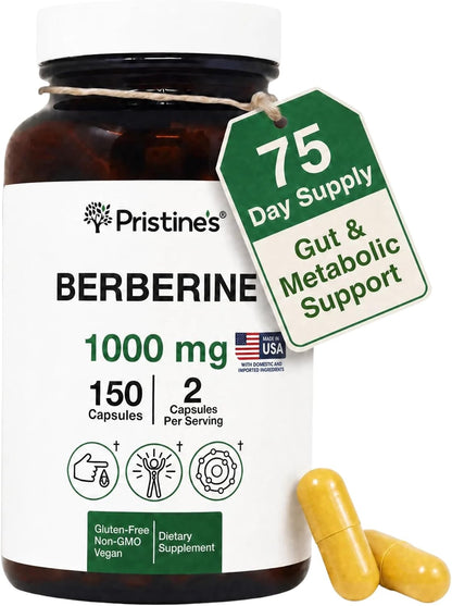PRISTINE'S Berberine 1000mg Capsules, Daily Wellness Support, 75 Day Supply | Simple 2-capsule berberine routine with 1000mg per serving. Daily wellness, 75 day supply, vegan, non-GMO, gluten-free