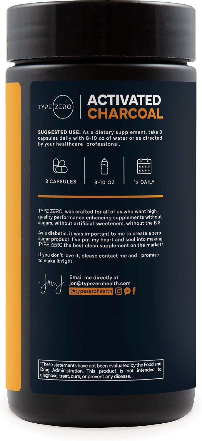 Type Zero Activated Charcoal (780mg) 180 Capsules, 60 Servings, Gluten-Free | From Coconut Shell, GMO-Free