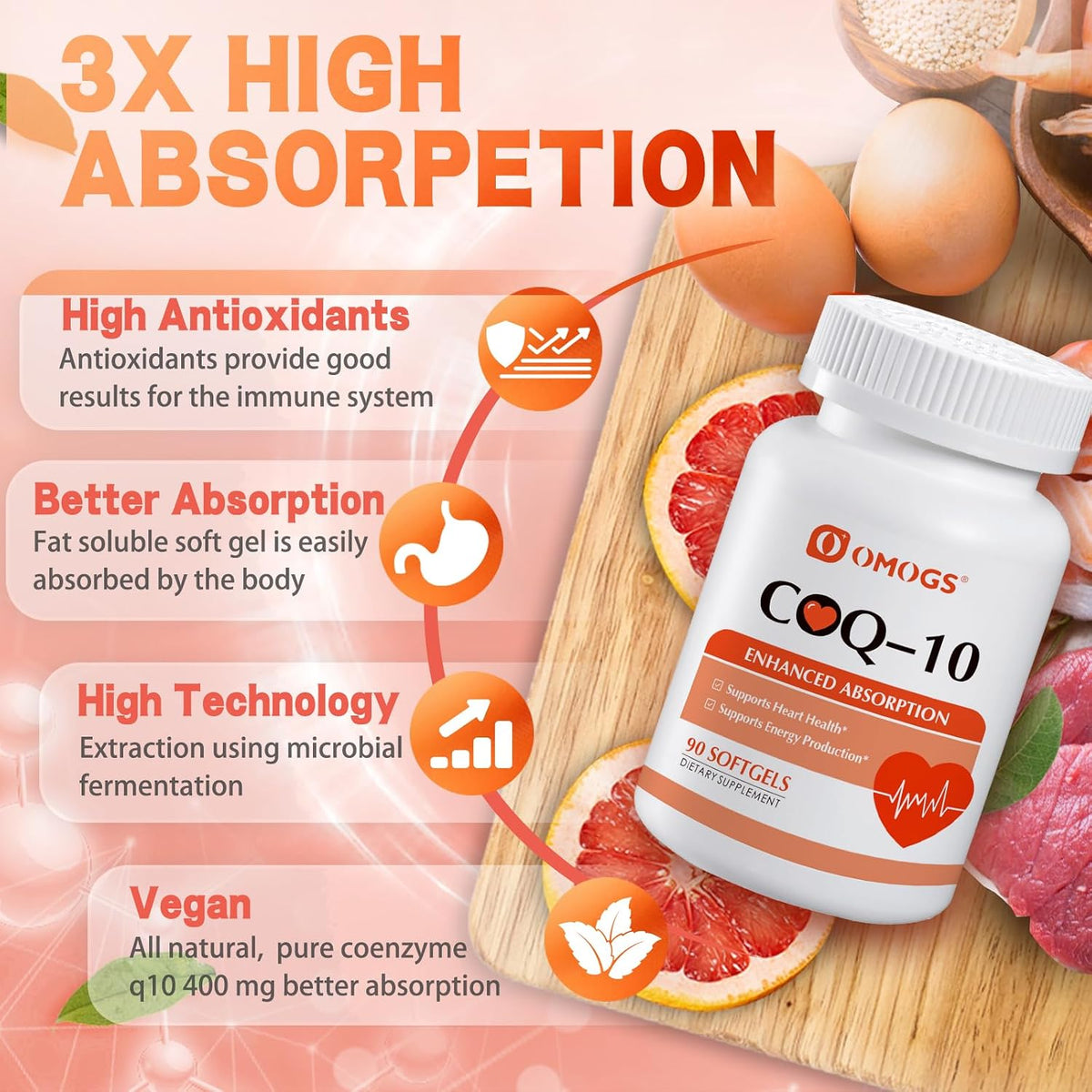 OMOGS CoQ10 400mg Softgels, Coenzyme Q10 High Absorption Supplements Support Heart Health, Cardiovascular Health, Immune System & Cellular Energy Production, Gluten Free, 90 Softgels